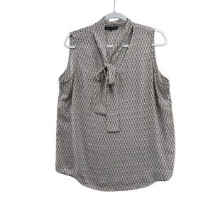 Adrianna Papell Womens L Sleeveless Geometric Print Bow Neck Blouse Top
